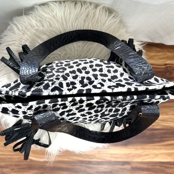 Raviani Black and White Leopard Print Bag with Black Fringe Tassels - Picture 4 of 9